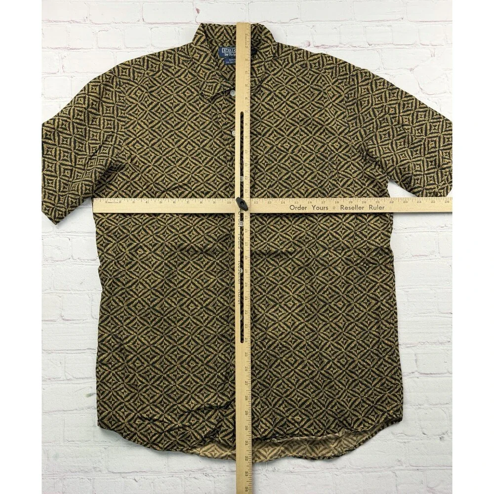Polo Ralph Lauren Bonnard Shirt Mens MED Gold Silk Linen Geometric Camp Collar